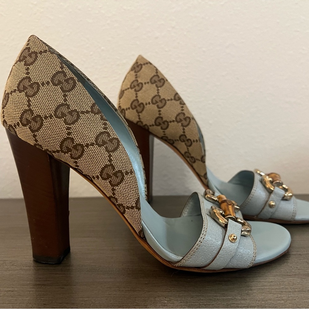 Gucci 154221 Bamboo Horsebit Heels – Vintage Canvas/Leather, Size 7B